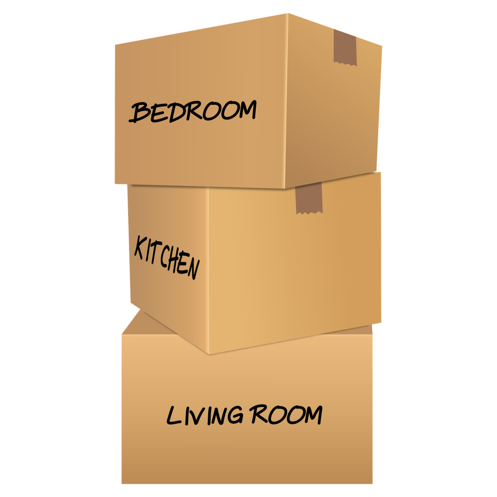 Stack of packed boxes that are labeled with the appropriate room name